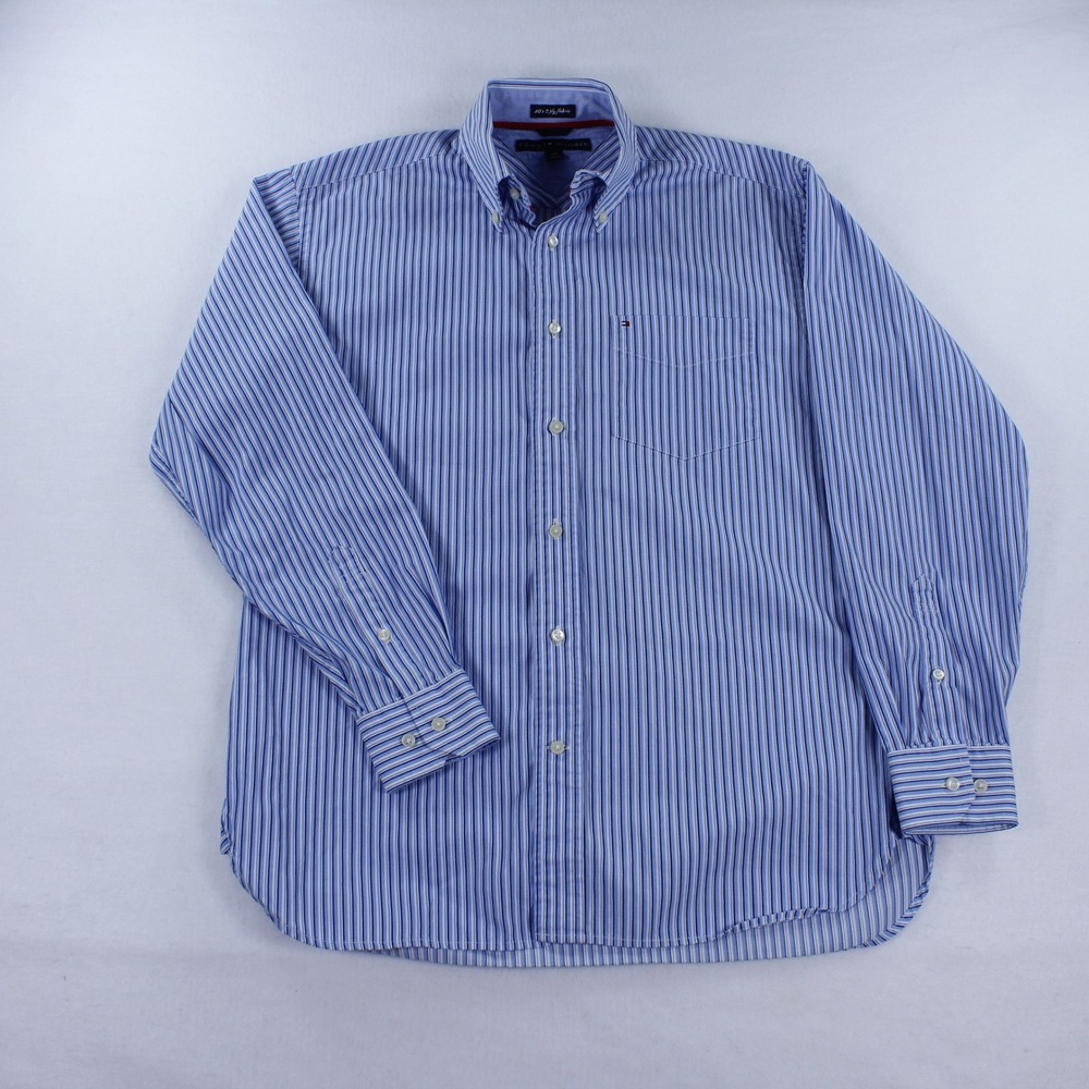 Tommy Hilfiger Men's Blue Multi Stripe Dress Shirt S/P 80s 2 Ply Cotton